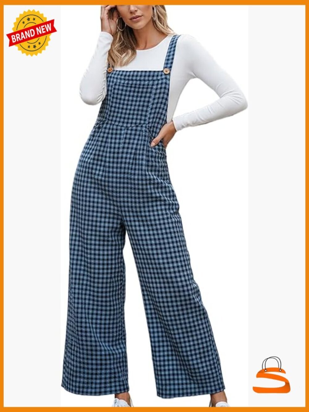 Maxi Jumpsuit Square Neck Sleeveless Plaid Wide Leg Loose Fit